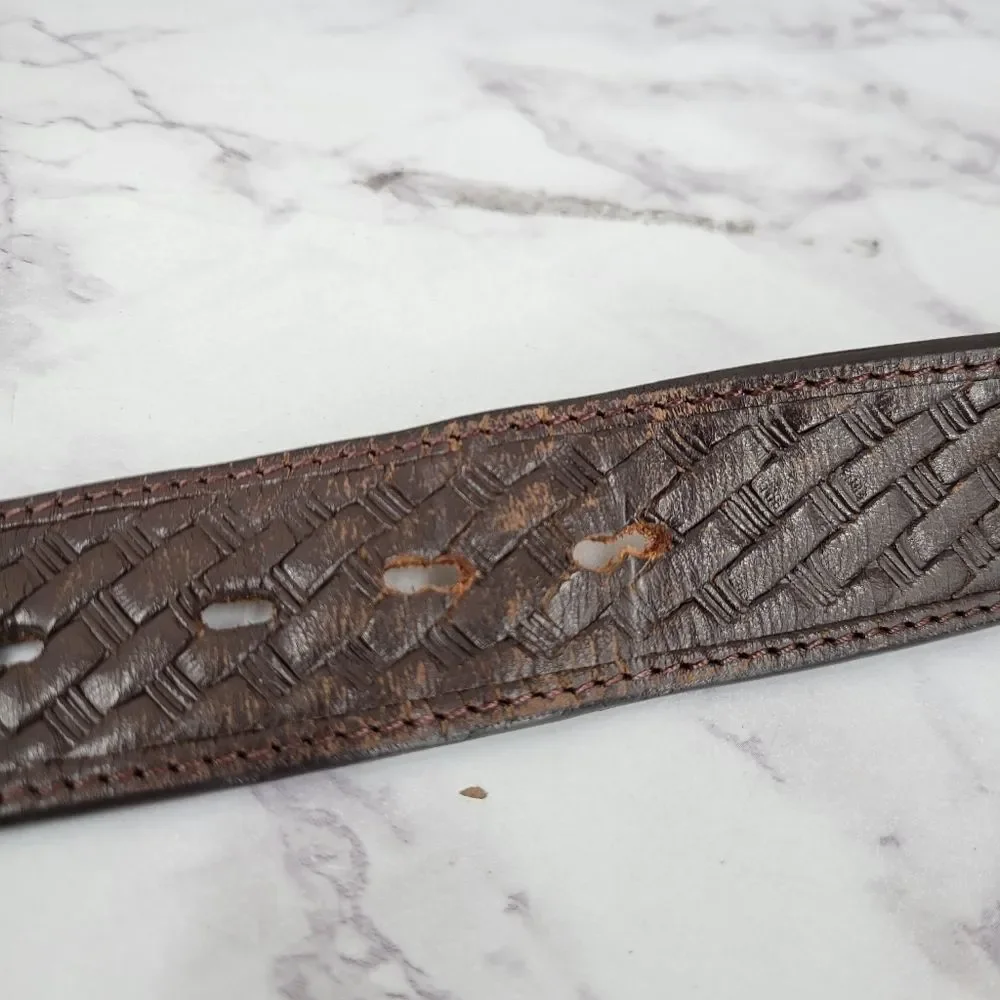 Brown Leather Belt for Men Basket Weave Embossed Design